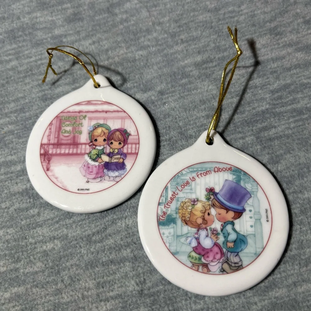 Vintage Precious Moments Christmas Remembered 2 Porcelain Holiday Ornaments 2001